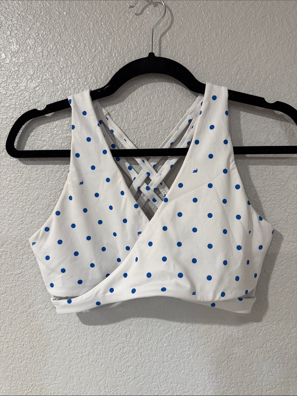Fabletics White Sports Bralette with Blue Polka Dots
